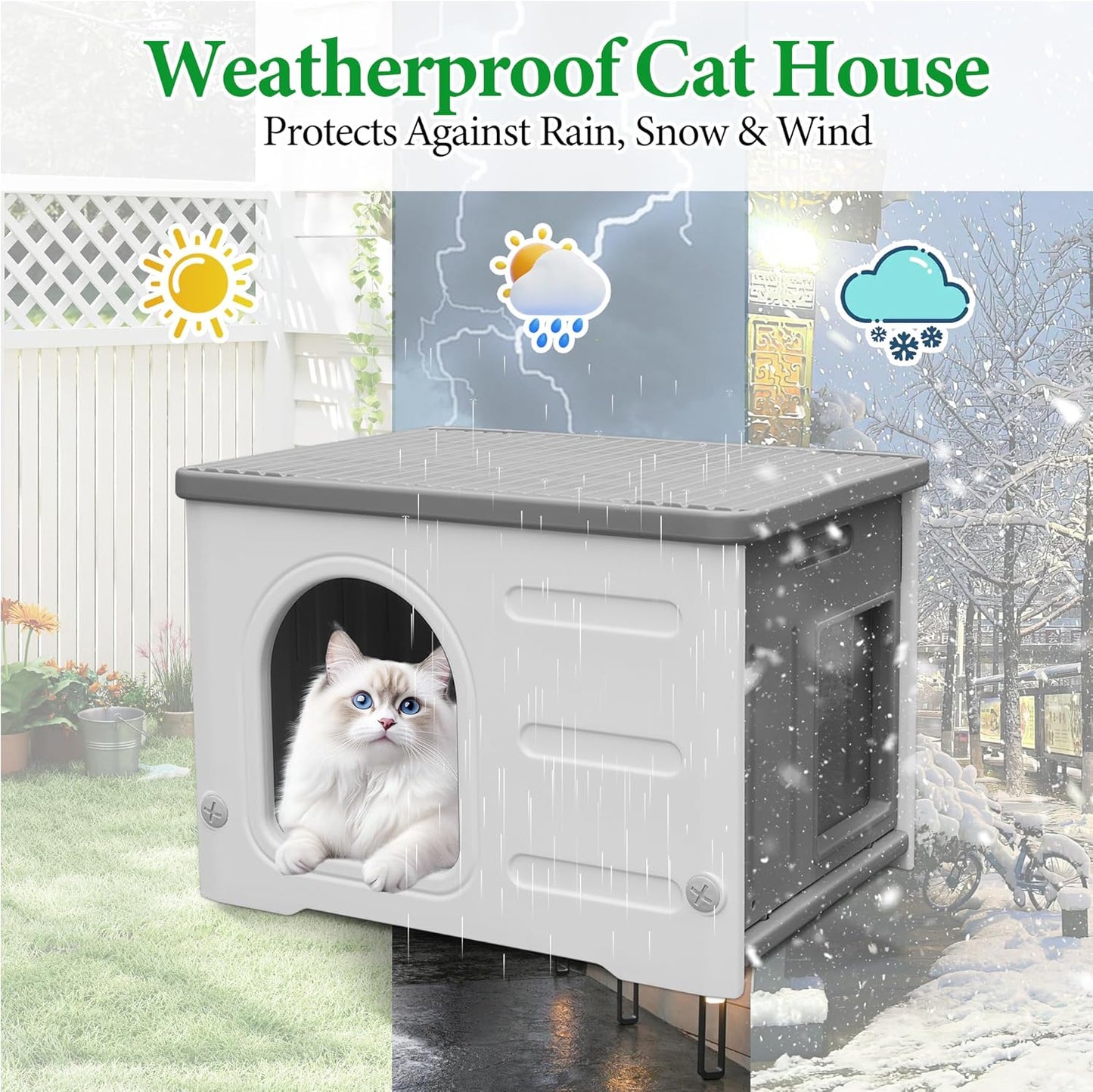 Insulated Cat House Outdoor Weatherpoof Plastic Cats Houses with Escape Door Indoor Waterproof Feral/Pet Cat Shelter Outside for Puppy, Rabbit for Winter