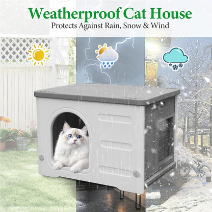 Insulated Cat House Outdoor Weatherpoof Plastic Cats Houses with Escape Door Indoor Waterproof Feral/Pet Cat Shelter Outside for Puppy, Rabbit for Winter