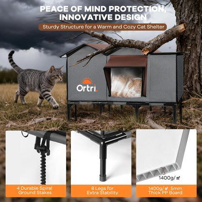 Outdoor Heated Cat House for Outside: Winter Insulated Weatherproof 20"×14.3"×20.5" Shelter with Heating Pad for Feral Kitty Foldable Out Door Elevated Warm Pet Bed with Extra Large Warming Cathouse