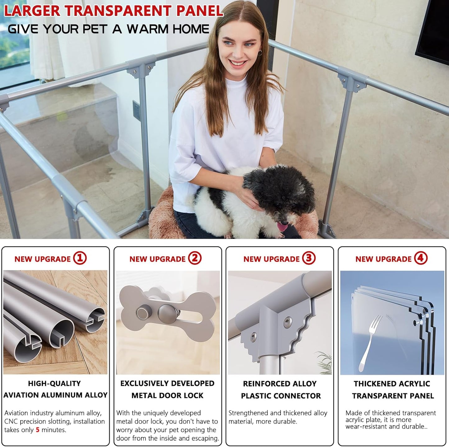 Clear Acrylic Dog Playpen, 10 Panels 29.5 Inch Tall Indoor Pet Play Pen with Door, Transparent Puppy Fence for Small Dogs, Dog Fence Crate Kennel Whelping Cage