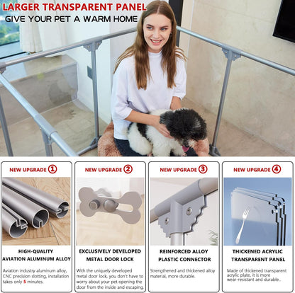 Clear Acrylic Dog Playpen, 10 Panels 29.5 Inch Tall Indoor Pet Play Pen with Door, Transparent Puppy Fence for Small Dogs, Dog Fence Crate Kennel Whelping Cage