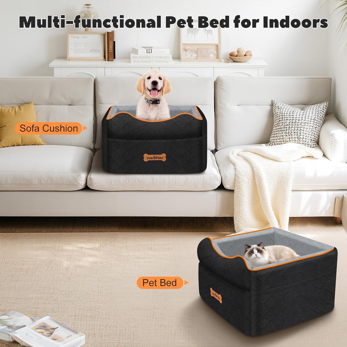 Small Dog Car Seat, Waterproof Dog Booster Seat with Thick Cushion & Safety Leash, Removable Car Back Seat Bed for 1 Small Dogs Under 25lbs, Pet Car Seat for Travel, Black/Gray