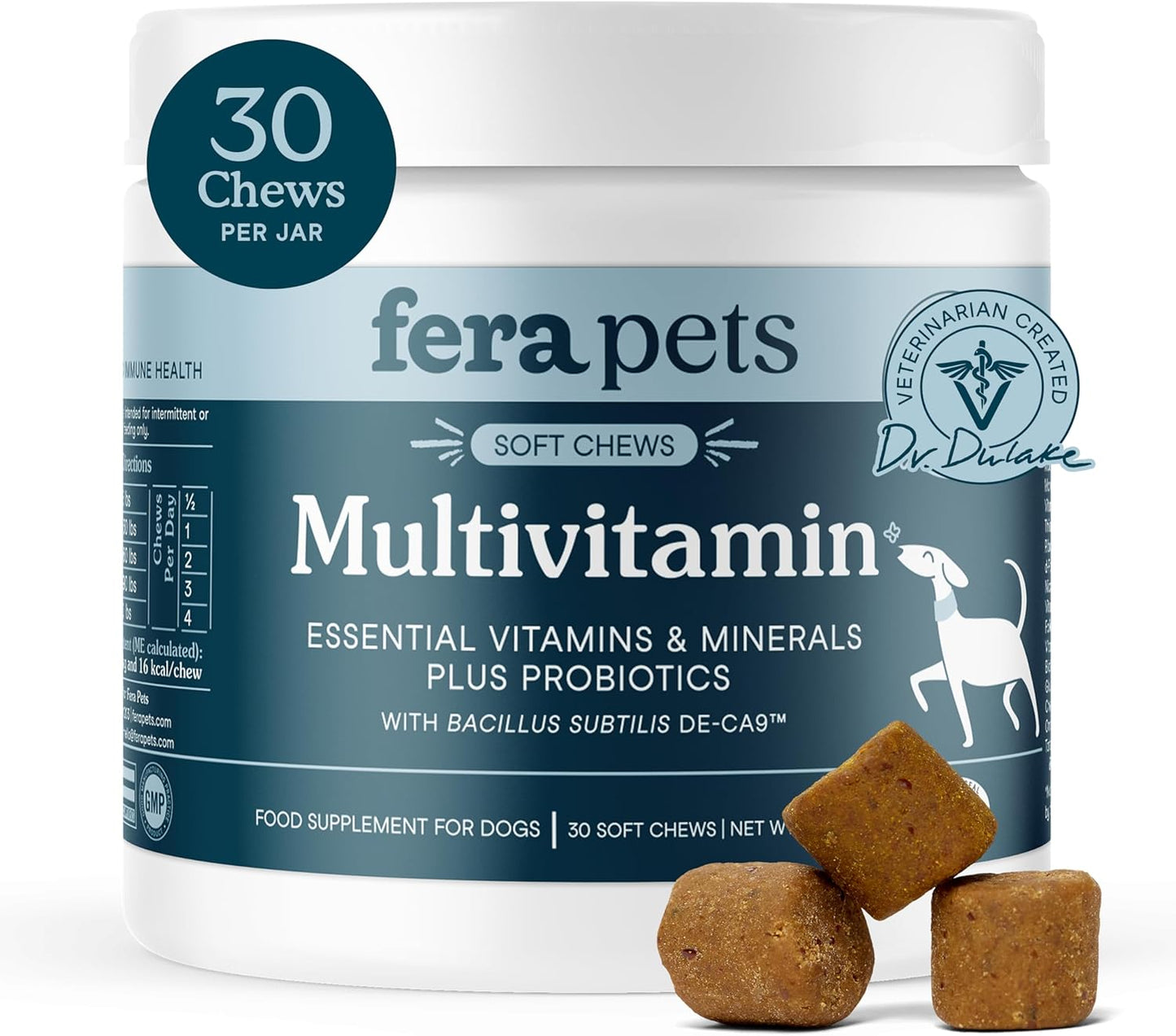 Fera Pets Dog Multivitamin Chews with Glucosamine and Probiotics - Essential Dog Vitamins & Minerals - Promotes Healthy Digestion & Joints - Boosts Skin & Coat Health with Omega-3s - 30 Soft Chews