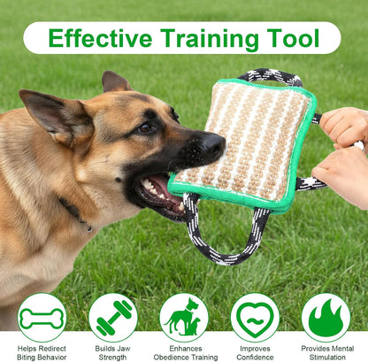 Durable Dog Jute Bite Pillow, 9.8“ x 6.7” Safe Biting Pad with 3 Strong Handles, Safe Tough Jute Tug of War Toy for Medium to Large Dogs Puppy Training, Green