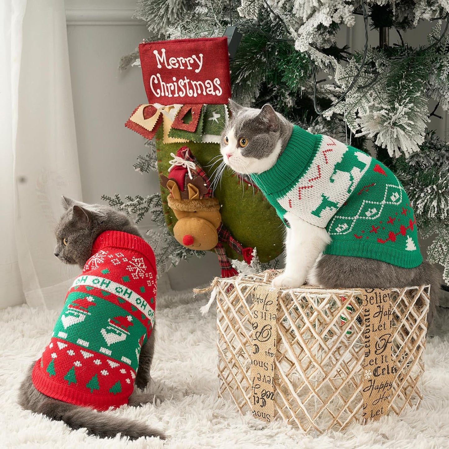 Stretchy Cat Christmas Sweater - 2 Packs Christmas Sweaters for Cats | Snug Winter-Ready Knit for Boy/Girl Cats & Kittens(Scarlet, Small)