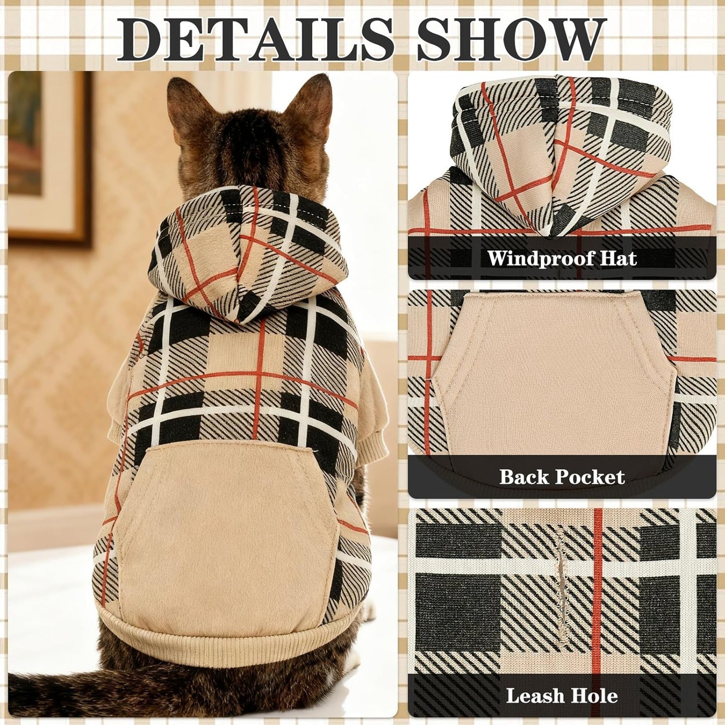 EXPAWLORER Plaid Cat Hoodie - British Style Warm Cat Sweater Shirt with Leash Hole,Pet Clothes Outfits,Winter Coat Apparel for Puppy Cats Girl Boy-Kitten Apparel,Beige S