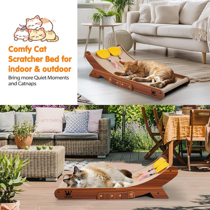 Sisal Cat Scratcher Bed, Natural Solid Wood Scratch Lounger, No Mess Scratching Chair Couch for Indoor Cats, 25.6 Inch Cat Scartching Pad, 3 in 1 Scratching Board, Furniture Protector