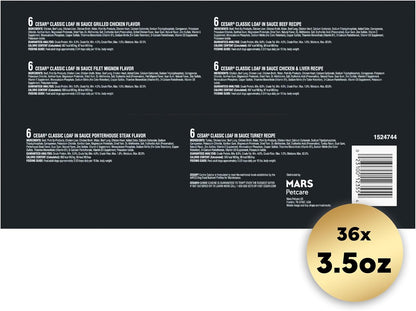 Cesar Wet Dog Food Classic Loaf in Sauce Grilled Chicken, Filet Mignon, Porterhouse Steak, Beef, Chicken & Liver and Turkey Variety Pack 3.5 oz. Easy Peel Trays (36 Count, Pack of 1)