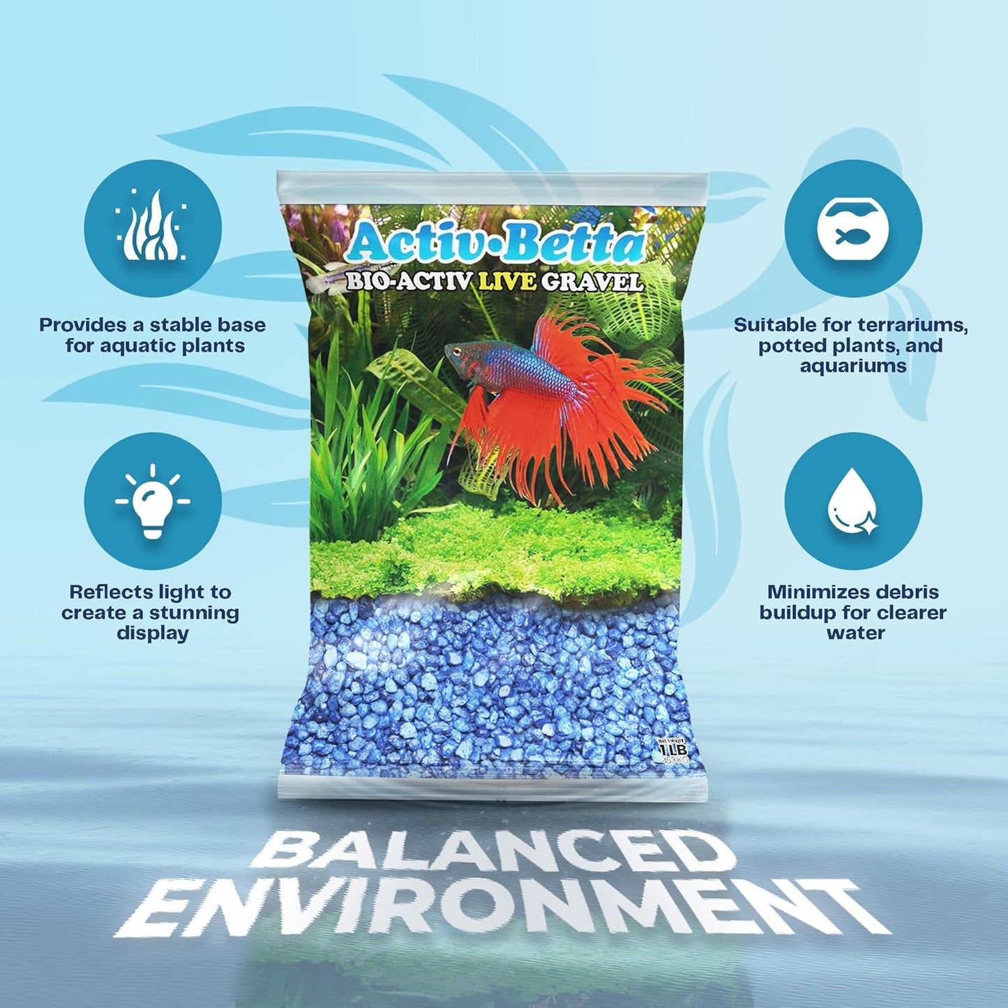 Activ Betta Blue Gravel, 1 lbs - pH Balance, Water Clarity, Ideal Aquarium Decor, Fish Tank Gravel, Betta Fish Substrate