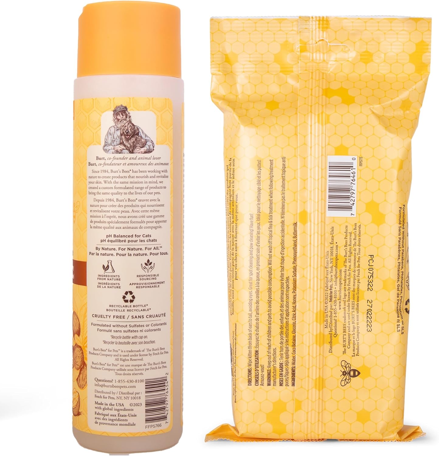 Burt's Bees for Pets Hypoallergenic Cat Shampoo & Kitten Wipes | Gentle Cat Grooming Set with Shea Butter, Honey & Buttermilk | 99%+ Natural Origin Formulas | Waterless Cat Cleaning Wipes & Shampoo