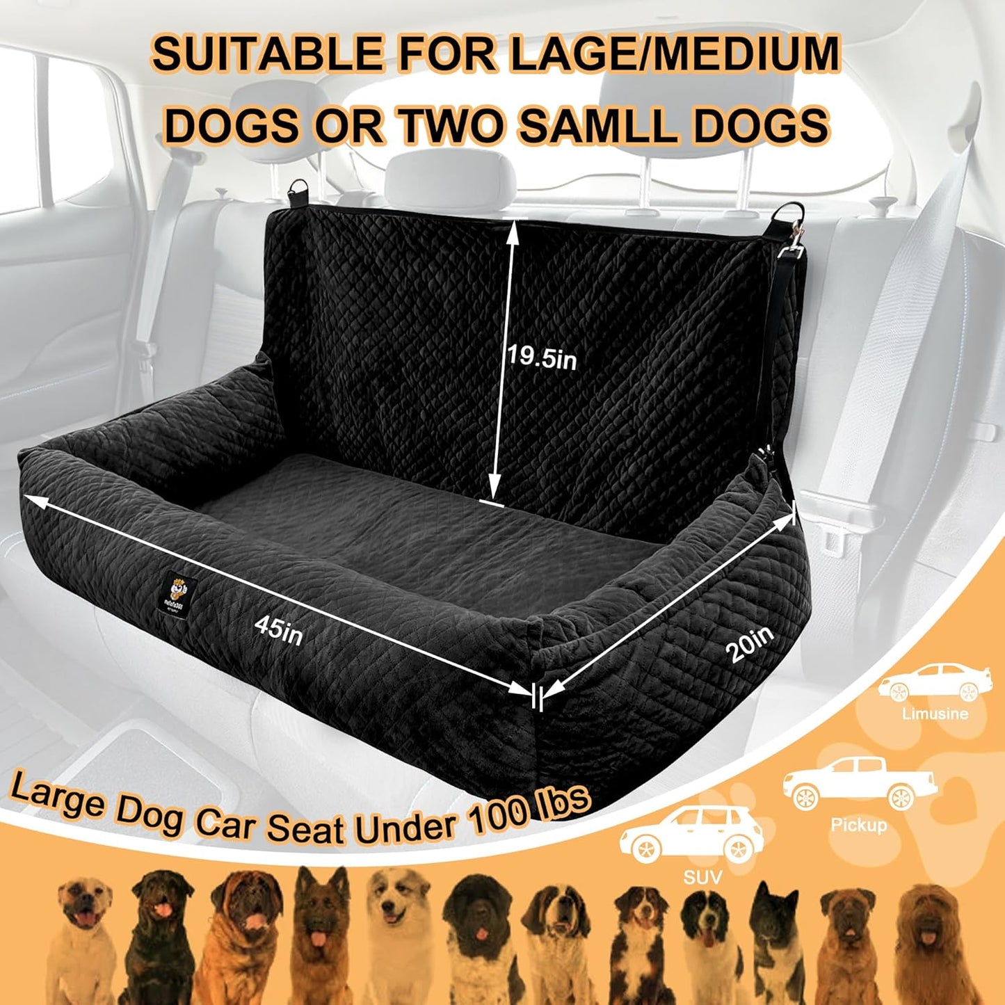 Dog Car Seat for Large Dog Car Bed Under 100LBS, Pet Booster Back Seat Removable Washable with Safety Tethers/Storage Pocket（Black）