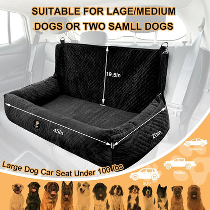 Dog Car Seat for Large Dog Car Bed Under 100LBS, Pet Booster Back Seat Removable Washable with Safety Tethers/Storage Pocket（Black）