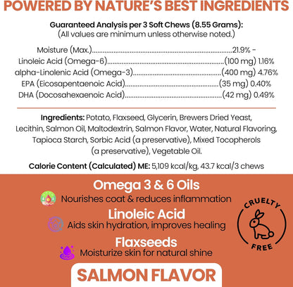 Salmon Oil for Dogs - Soft Chew Omega Treats for Skin and Coat - Fish Oil Blend of Essential Fatty Acids, Omega 3 and 6, Vitamins, Antioxidants and Minerals - Made in USA (180 Chews, Salmon)