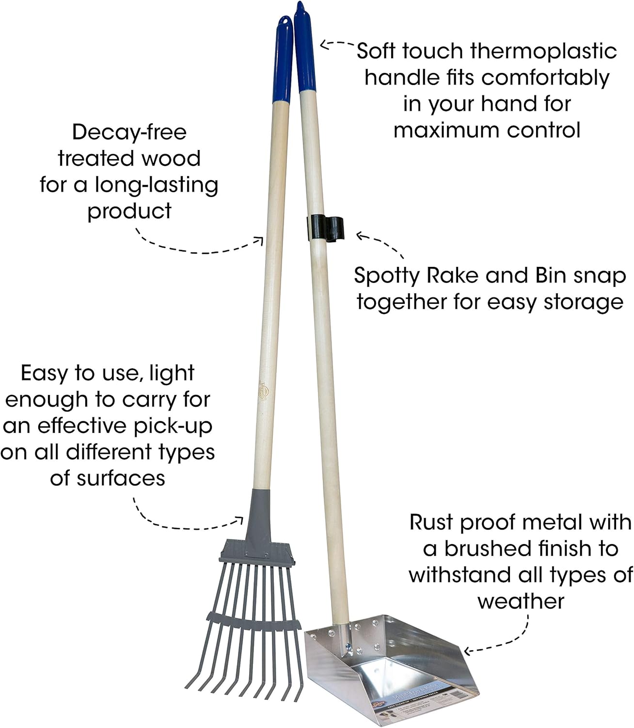 Spotty Wood Handle Pooper Scooper Durable Solid Metal Poop Tray with Rake 36.75" Long Handled Scoop | Great for Large or Small Dogs | No Assembly Required | Better for The Environment Than Plastic