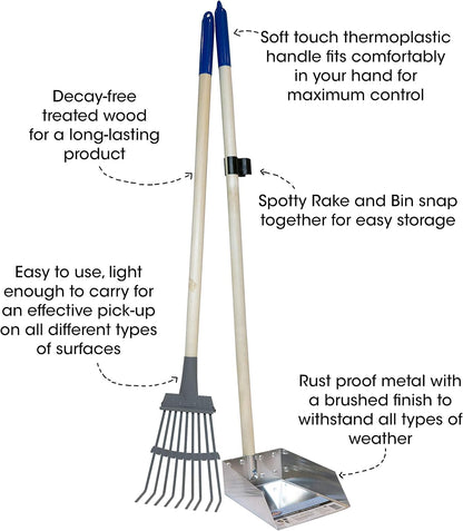 Spotty Wood Handle Pooper Scooper Durable Solid Metal Poop Tray with Rake 36.75" Long Handled Scoop | Great for Large or Small Dogs | No Assembly Required | Better for The Environment Than Plastic