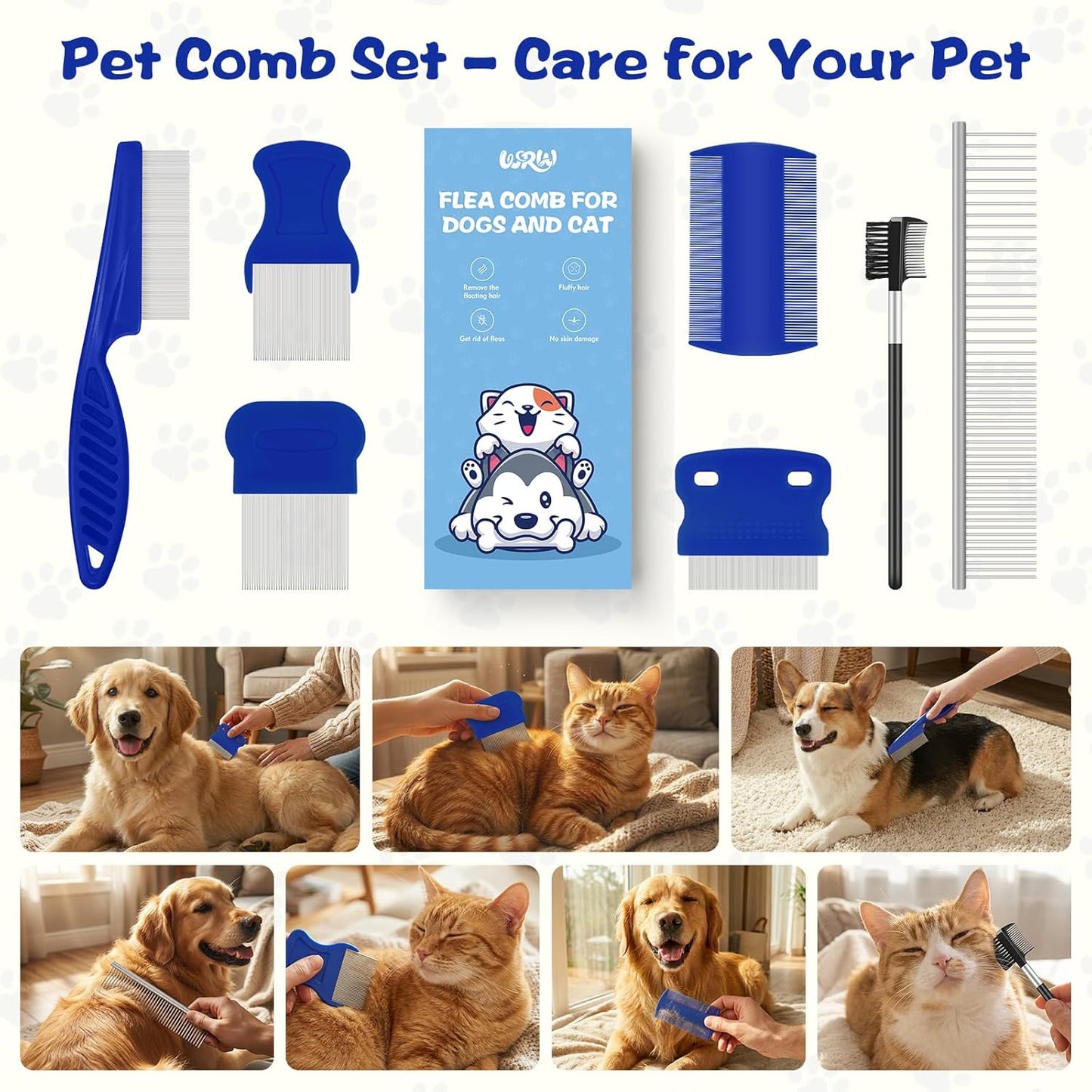 WRW 7 Pack Flea Lice Comb,Stainless Steel Dog Cat Grooming Combs with Fine & Wide Tooth, Double-Sided Tear Stain Remover,Tick Removal Tool, Dematting Tool for Small, Medium & Large Pets