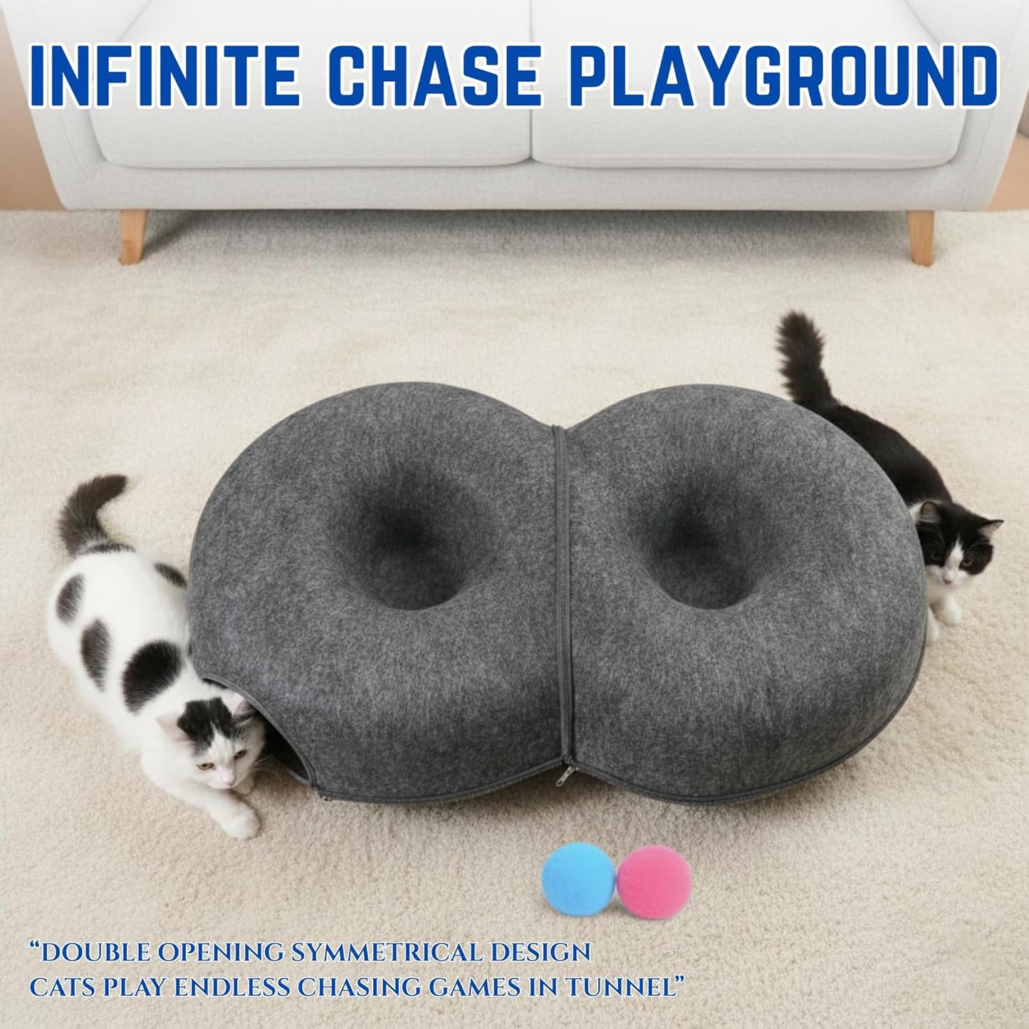 Trivon Peekaboo Cat Cave & Tunnel Bed for Large Cats up to 45lbs, Cozy Indoor 8-Shaped Donut Hideaway Bed with 12 Toy Balls, Bonus Bird Toy and Toy Gun, Scratch-Resistant, Detachable & Washable Design