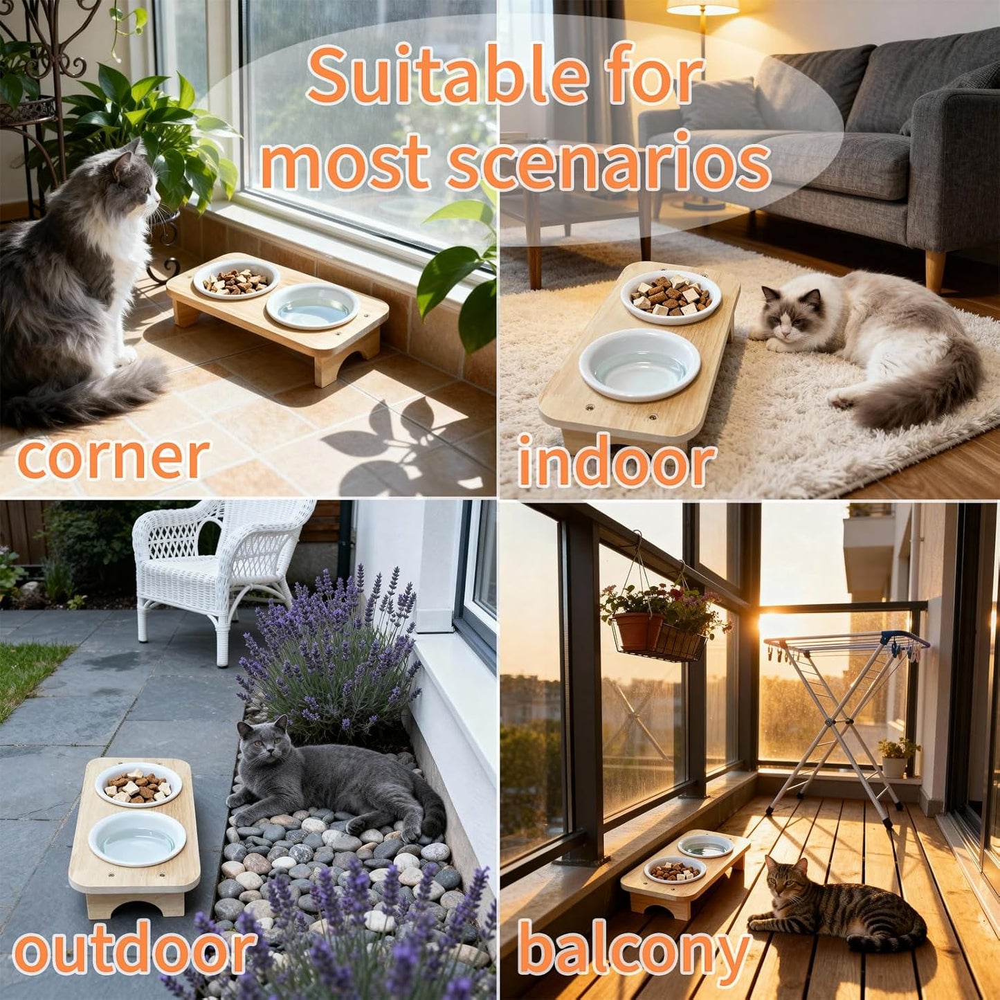 15° Tilted Elevated Cat Bowls with 2 Ceramic Dishes & Wood Base - Anti-Vomit Raised Feeder Station for Indoor Cats & Small Dogs, Dishwasher Safe