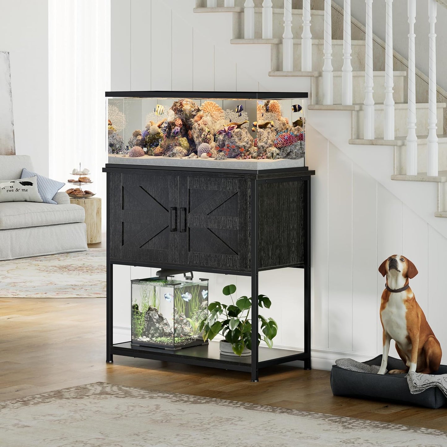 20-29 Gallon Wood Farmhouse Aquarium Stand with Cabinet - 3-Tier Heavy Duty Metal Frame Fish Tank Stand with Storage, Turtle Reptile Tank Stand, 330LBS Capacity, 31.5" L Tabletop, Black