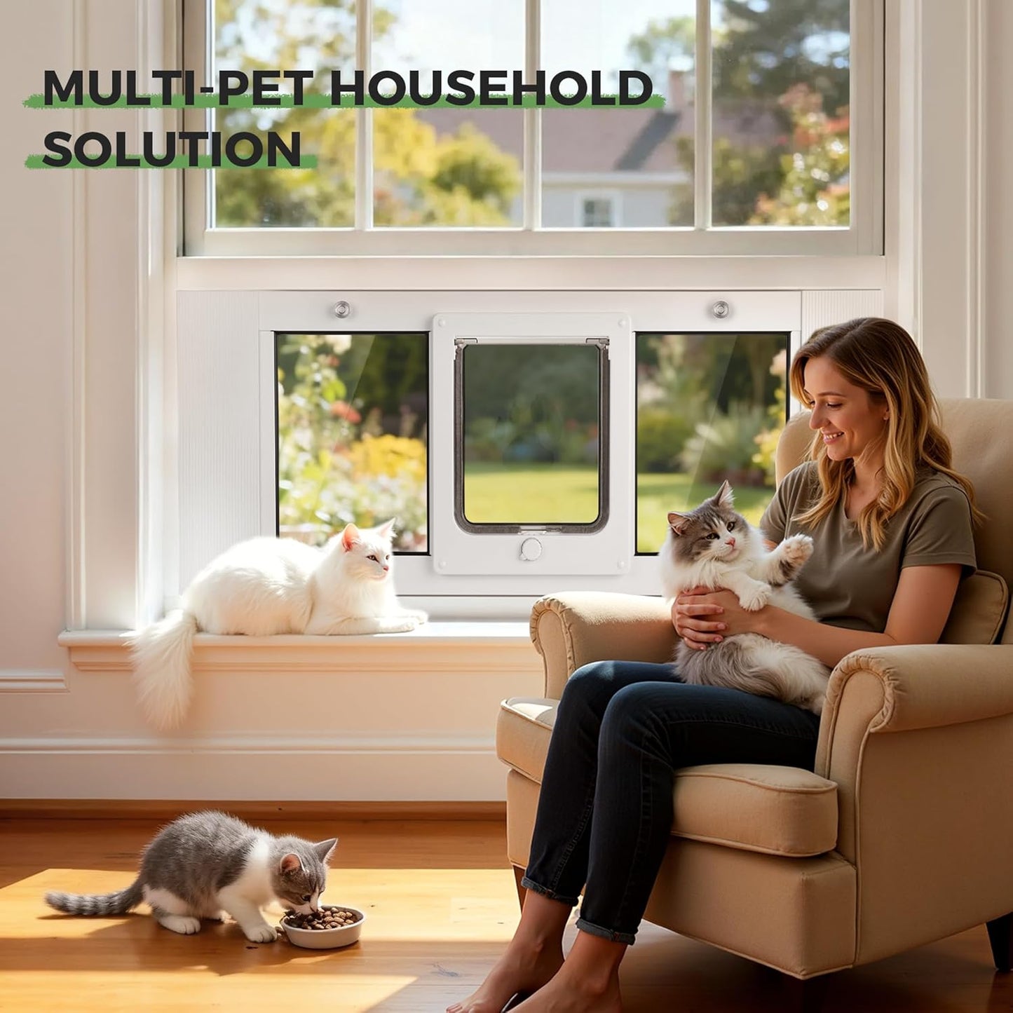 Slevoo Cat Door for Window Adjustable Fits 23" to 28" Sliding Windows, Energy-Saving High-Seal Window Pet Door with 4 Lock Modes, Tool-Free Install, Heavy-Duty Aluminum Frame, Multi-Pet Compatible