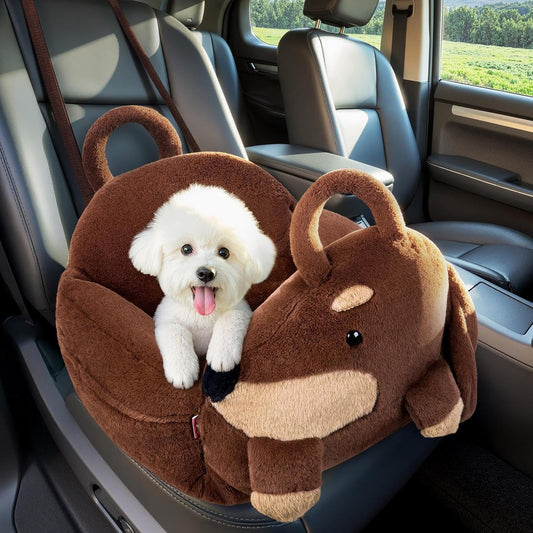 BurgeonNest Small Dog Car Seat, Cute Medium Dog Bed for Car Under 30 lbs, Washable Removable Cat Puppy Travel Booster Carseats with Clip-On Safety Leash, Fluffy Warm Pet Carrier Bag Home Bed, Brown