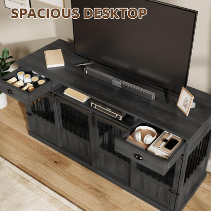 70.86" Double Dog Crate Furniture with Storage for 2 Medium Large Dogs Farmhouse Wooden Dog Kennel Furniture with 2 Sliding Doors Divider & Power Outlet Decorative Dog Cage TV Stand Dark Grey