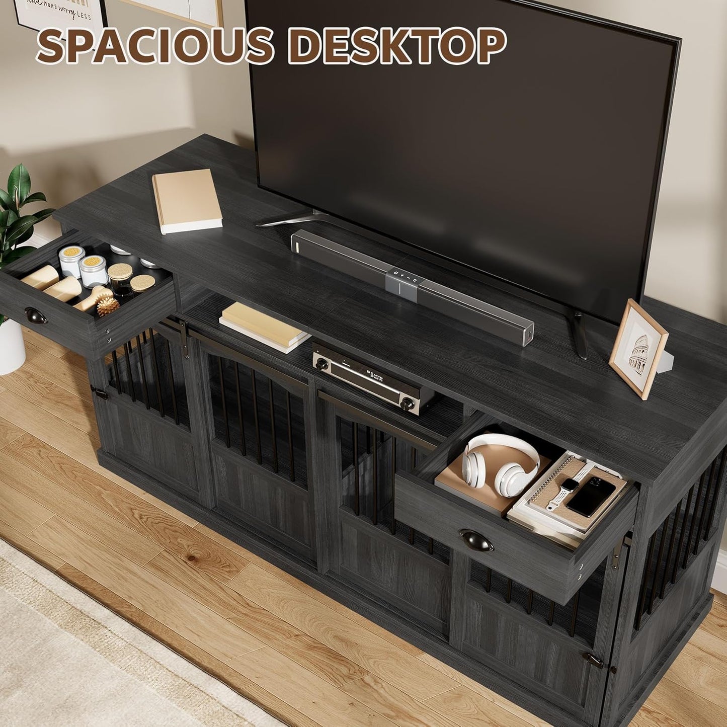 70.86" Double Dog Crate Furniture with Storage for 2 Medium Large Dogs Farmhouse Wooden Dog Kennel Furniture with 2 Sliding Doors Divider & Power Outlet Decorative Dog Cage TV Stand Dark Grey
