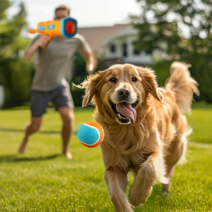 Quiet Blast Automatic Ball Launcher for Dogs, Orange and Blue, Outdoor Interactive Fetch Toy