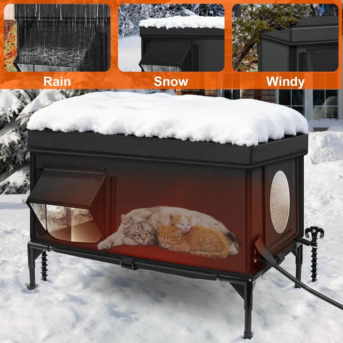 Heated Outdoor Cat House Weatherproof with Heating Pad, Heated Cats House for Outside, Insulated Feral Cat Houses for Outdoor Cats with Safe Escape Door, Elevated Outside Stray Cats Shelter(L)