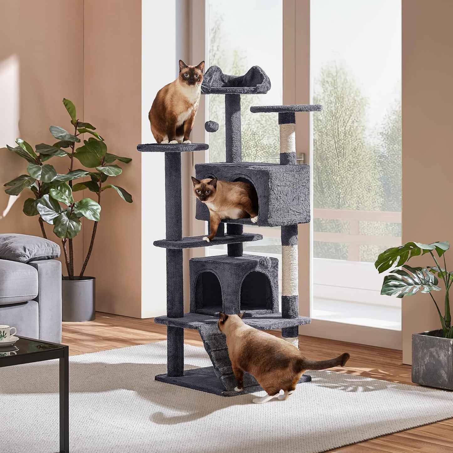 Yaheetech 54in Cat Tree, Multi-Level Cat Tower with Spacious Kitten-ear Perch, 2 Cozy Caves, Scratching Posts, Climbing Ladder, 2 Plush Balls, Durable Pet House Furniture for Indoor Kittens, Dark Gray