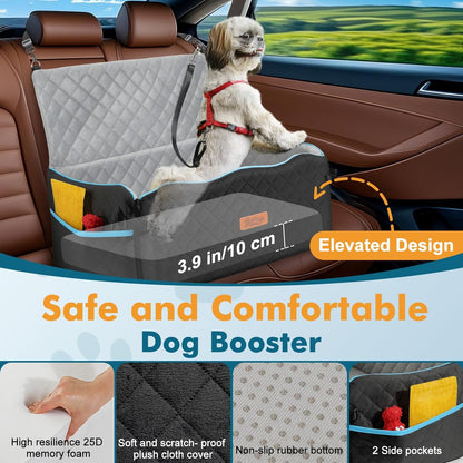 Large Dog Car Seat, Dog Car Bed for Large Dogs Under 60 lbs or 2 Small Breeds, Comfortable Pet Booster Seat with Memory Foam Thick Cushion, Detachable & Washable Pet Bed for Backseat, Black+Grey