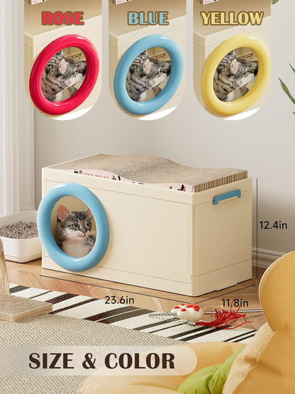 Plastic Cat House with Scratching Board, Foldable Feral Cat Shelter, Waterproof Weatherproof for Outdoor Indoor Use