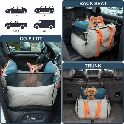 Ownpets Dog Car Seat for Small/Medium Dogs - Waterproof& Scratch-Resistant Dog Bed Car Seat, with Clip-On Safety Leash and Memory Foam Elevated Cushion,Up to 30lbs