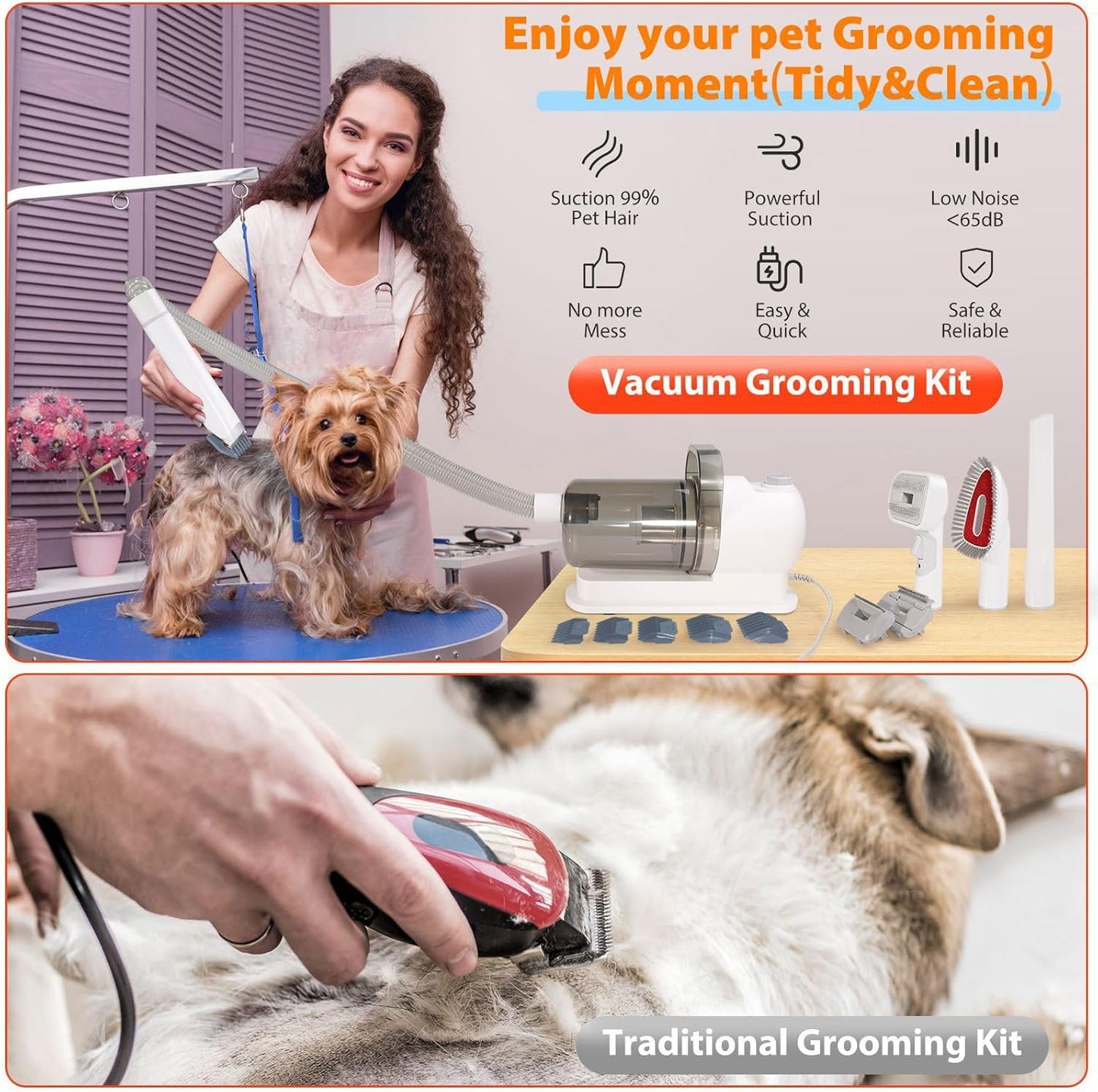 Pet Grooming Kit, 5 in 1 Dog Grooming Vacuum with Electric Clipper and 4 Adjustable Combs, Low Noise Design for Dogs Cats Home Cleaning 2.5L Dust Container (US Plug 110V)