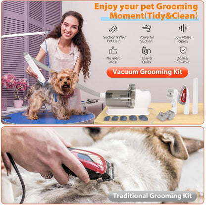 Pet Grooming Kit, 5 in 1 Dog Grooming Vacuum with Electric Clipper and 4 Adjustable Combs, Low Noise Design for Dogs Cats Home Cleaning 2.5L Dust Container (US Plug 110V)