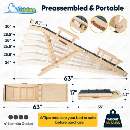Dog Ramp for Bed with Rails, 64" Long Foldable Pet Ramp for Small Large Dogs, Dog Ramps for High Beds with Safety Side Railng, 6 Adjustable Heights 24" to 30" Up to 220LBS (Gray, 63" X 17inch)