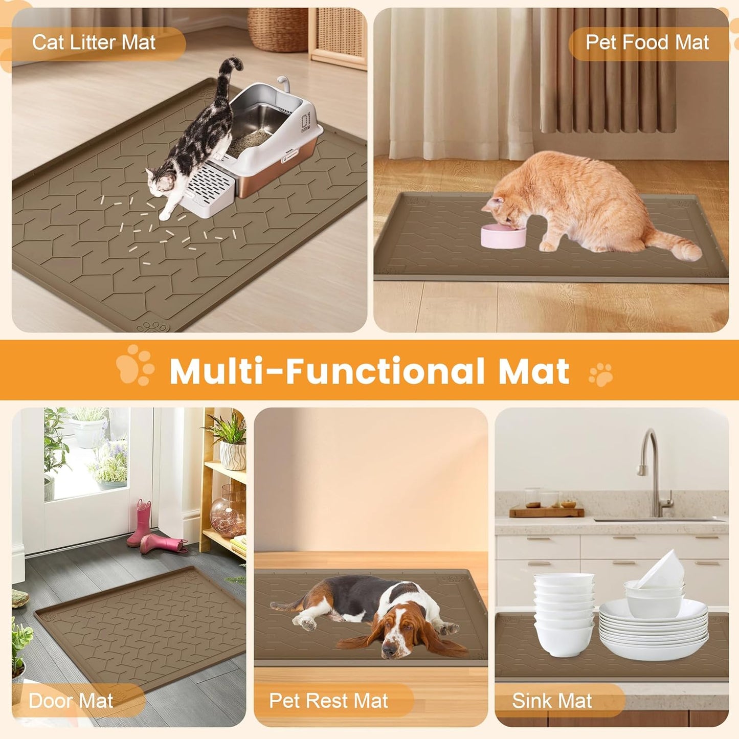 Cat Litter Mat, Extra Large 40"x28" Silicone Mat for Litter Box, Waterproof & Non-Slip Rubber Mat with Lip, Litter Trapping & Scatter Control, Soft on Cat Paws, Urine-Proof Floor Protector