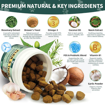 Dogs Flea and Tick Prevention Treatment Chewable, Natural Soft Chew for Fleas Ticks Treatment Support Supplement - Oral Flea Pills- Flea and Tick Chews - All Breeds & Sizes - 150 Soft Treats (Chicken)