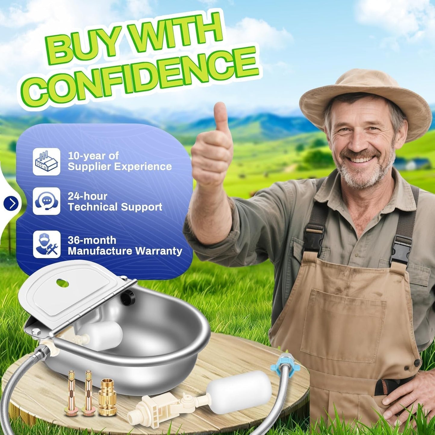 Automatic Animal Drinking Water Bowl with Float Valve, 304 Stainless Steel Kit Includes Bowl, Pipe, 2 Valves, Quick Connector Adapter and Countersunk Bolts. (Auto-Filling)