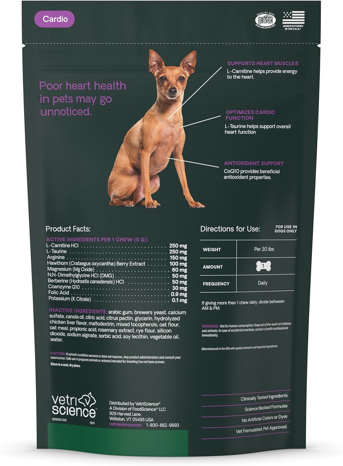 VetriScience Extra Strength Healthy Heart Chews, Vetri Cardio Supplement for Dogs, Heart Support Supplement with Taurine, Carnitine, CoQ10, Hawthorn and Berberine, Chicken, 60 Count