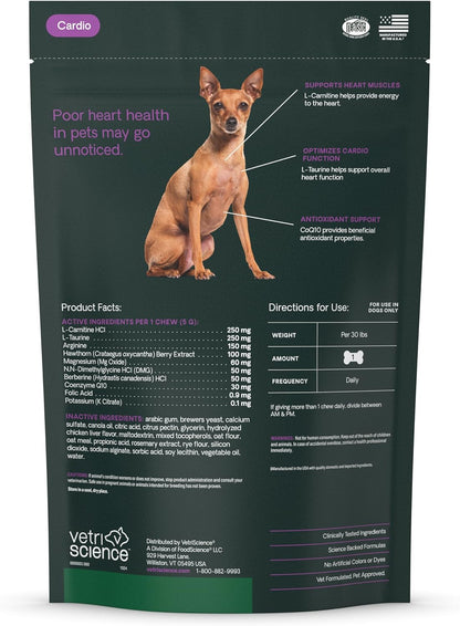 VetriScience Extra Strength Healthy Heart Chews, Vetri Cardio Supplement for Dogs, Heart Support Supplement with Taurine, Carnitine, CoQ10, Hawthorn and Berberine, Chicken, 60 Count