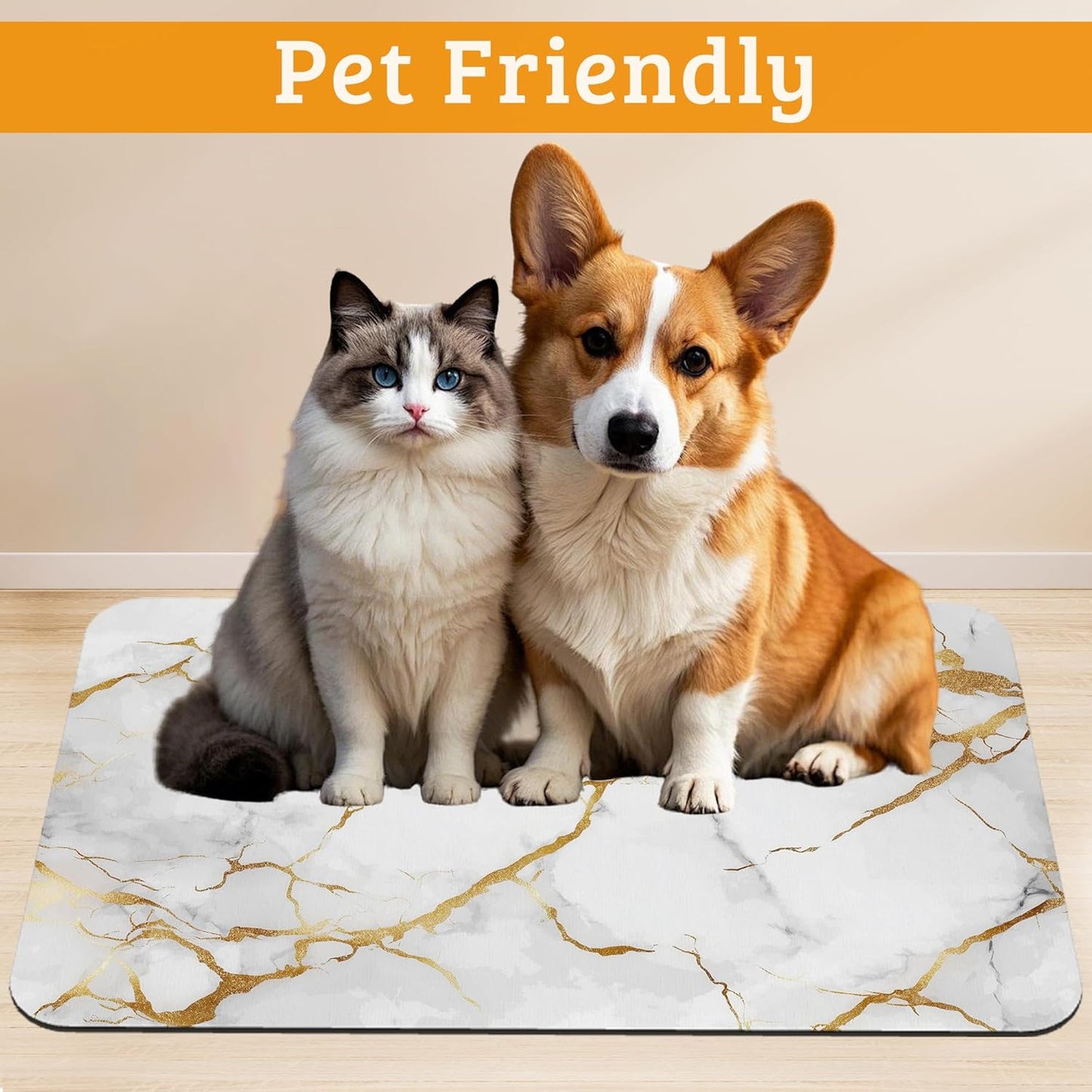Abstract Marble Dog Food Mat,White Gold Absorbent Pet Feeding Mat for Food and Water Bowl,Quick Dry Dog Placemat Non Slip Rubber Backing Waterproof Pet Supplies 16" x 24"