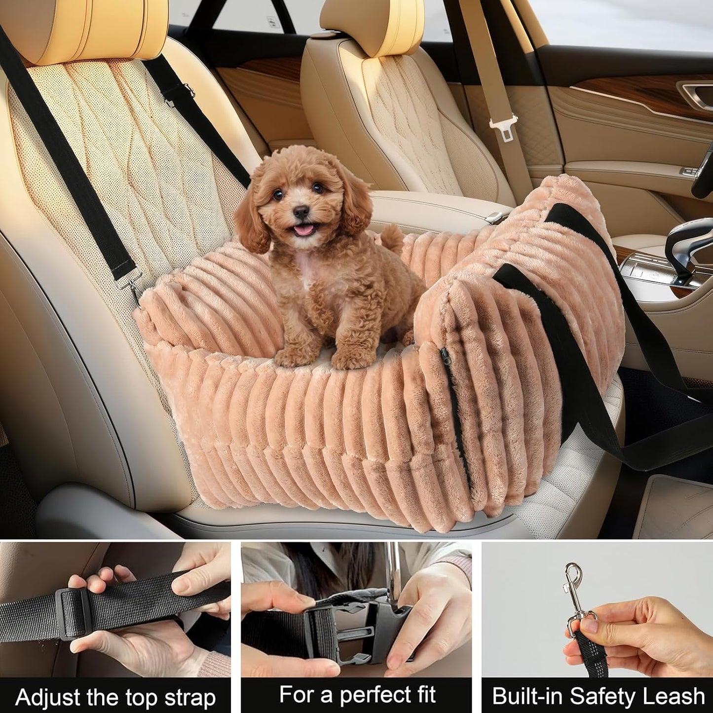 Dog Car Booster Seat, for Small Dogs Under 30 lbs, Detachable Washable Travel Bed with Storage Pockets and Safety Belt (Pink, Medium)