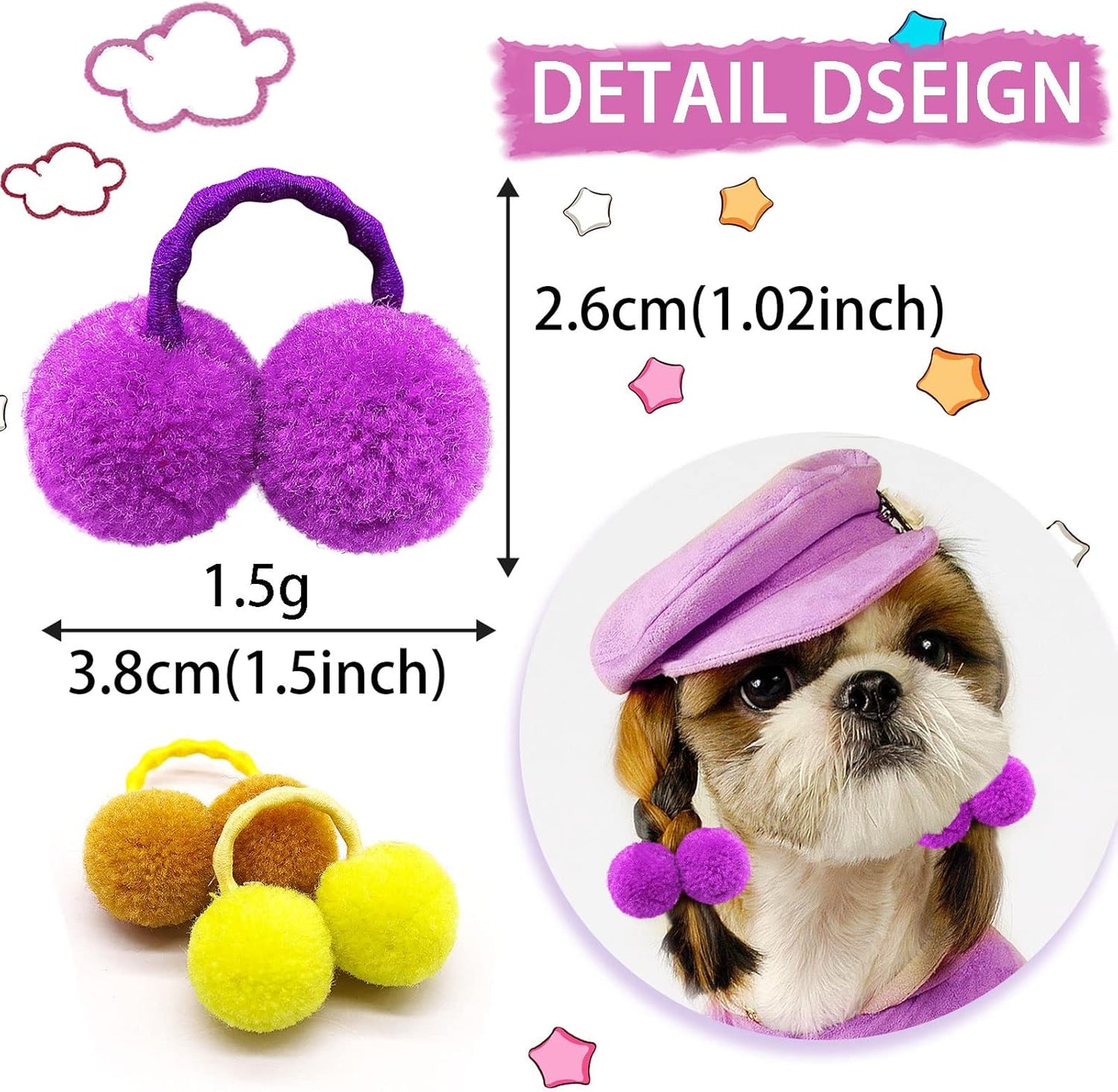 50pcs Dog Hair Puff Ball Bows, Pet Small Dog Hair Round Bows with Rubber Bands, Mix Multiple Colour Handmade Pet Puppy Dog Grooming Puff Bows for Yorkie Dog Cat Girl Hair Accessories