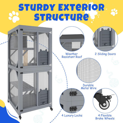 4 Tiers Outdoor Cat Enclosure on Wheels, 68'' Catio with Window Access, Weatherproof Roof Cats House with Scratch Post, Platforms and Resting Box Grey