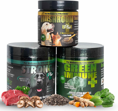 King Kanine Tripple Wellness Combo - Pet Wellness Bundle – Green Inmune Plus, Strong Plus Probiotic with Protein & Joints, Mushroom Plus – Daily Support for Dogs & Cats