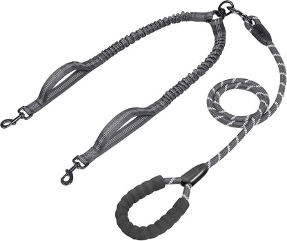 Double Dog Leash with Two Extra Traffic Handles, 360 Swivel No Tangle Dual Dog Walking Leash, Comfortable Shock Absorbing Reflective Bungee for Two Dogs (18~120 lbs, Black)