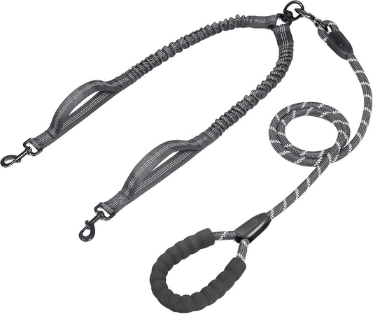 Double Dog Leash with Two Extra Traffic Handles, 360 Swivel No Tangle Dual Dog Walking Leash, Comfortable Shock Absorbing Reflective Bungee for Two Dogs (18~120 lbs, Black)