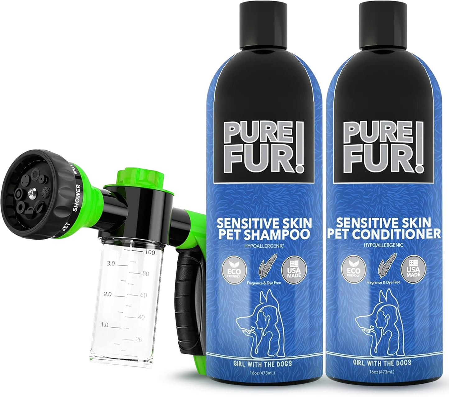 Girl With the Dogs Pure Fur! Sensitive Skin Pet Grooming Bundle - Made in USA - Dog Shampoo & Conditioner (16 oz Each) + Sprayer Nozzle