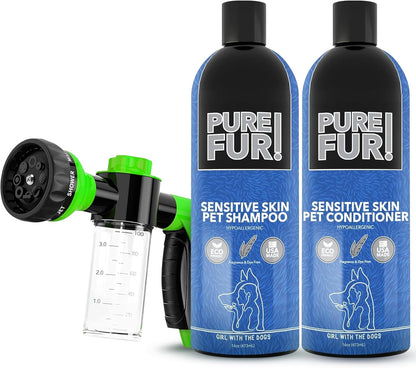 Girl With the Dogs Pure Fur! Sensitive Skin Pet Grooming Bundle - Made in USA - Dog Shampoo & Conditioner (16 oz Each) + Sprayer Nozzle